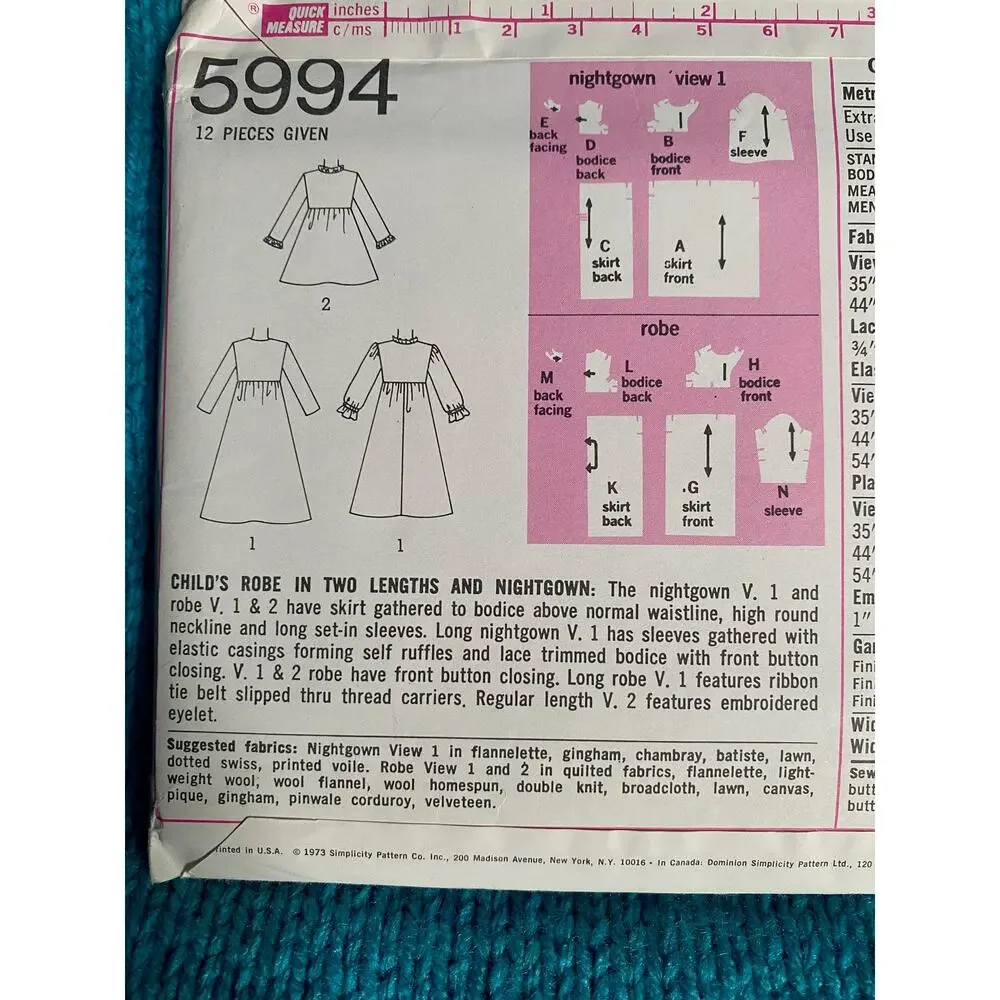 Simplicity sewing pattern  5995 kids nightgown and robe